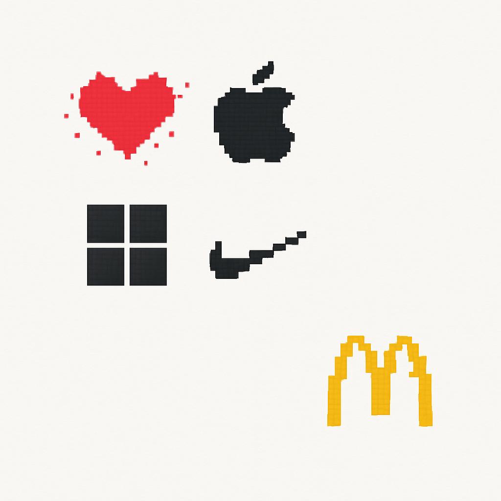 A pixelated collage of five famous company logos, including "Heart", "Apple", Microsoft, Nike, and McDonald's.