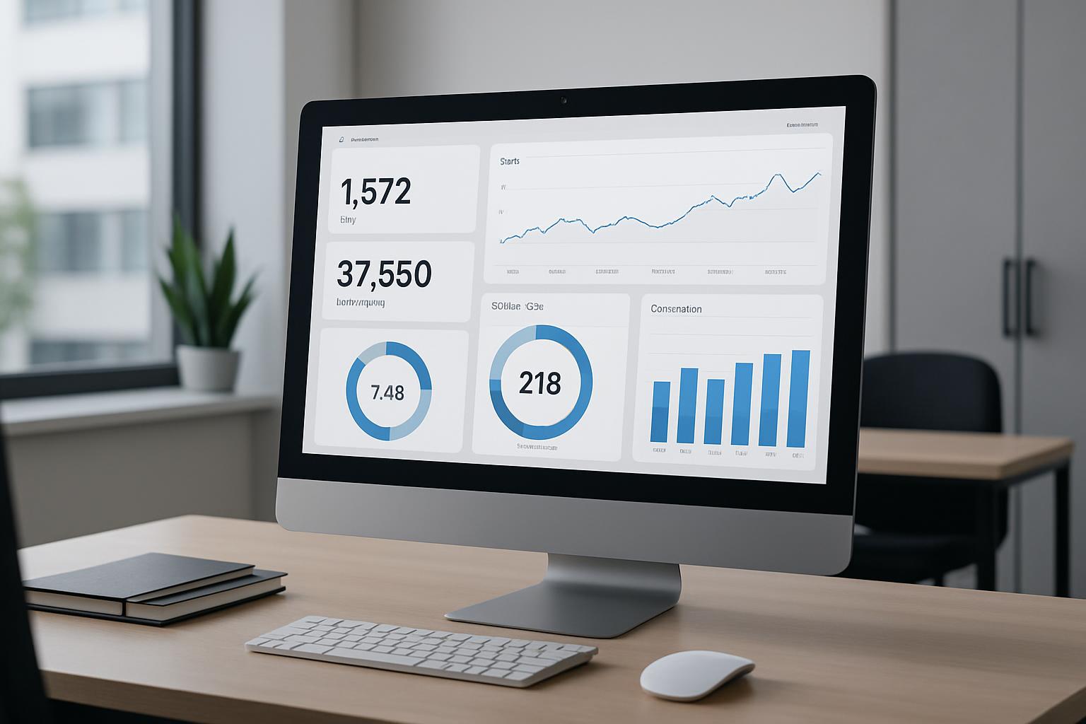 Office workstation with large desktop computer displaying various data analytics graphs.