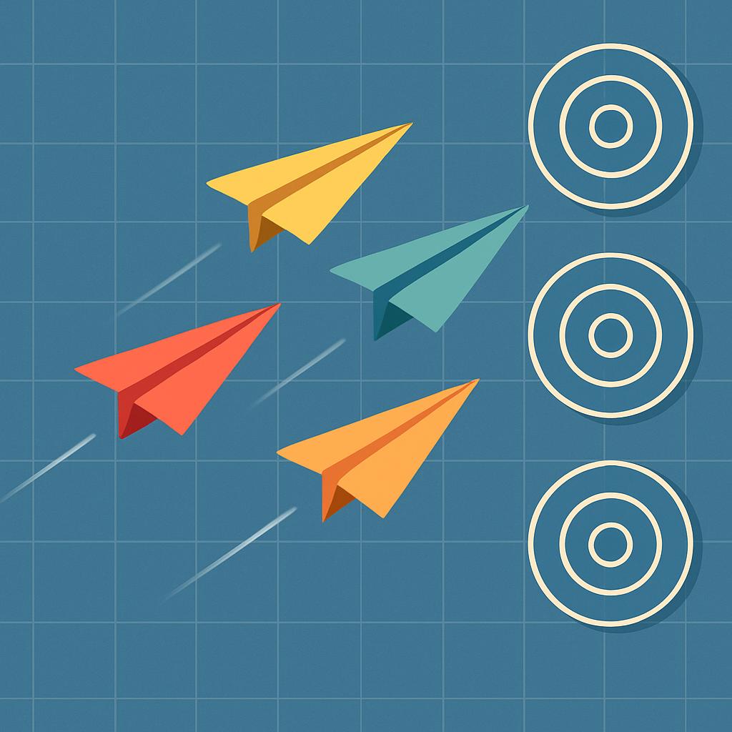 A vector graphic of four paper airplanes speeding towards four concentric circles on a blue grid background, evoking a pla...