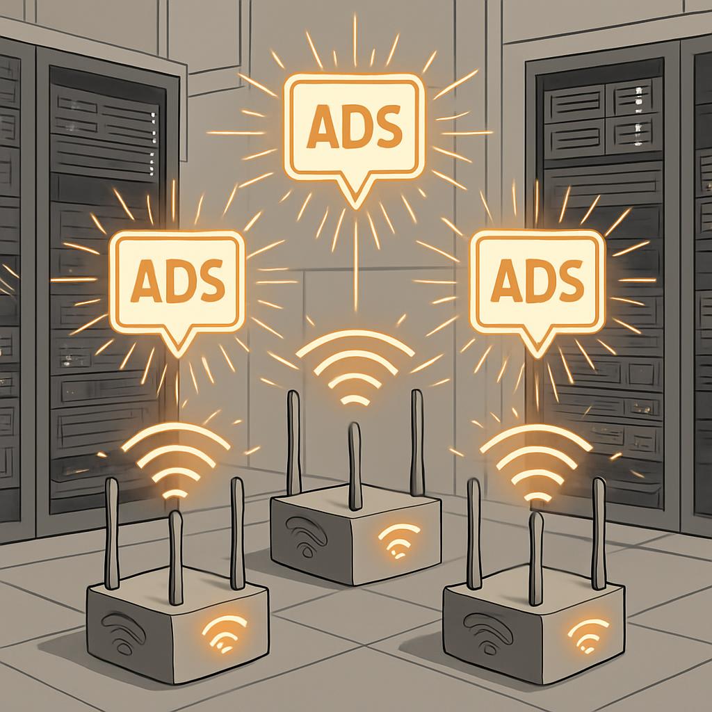 A group of wireless routers in a server room emit glowing "ADS" speech bubbles, surrounded by radiating lines and a Wi-Fi ...
